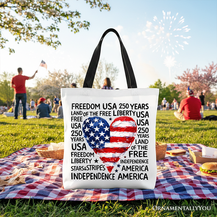 USA 250 Heart Patriotic Tote Bag, Retro 4th of July Gift Shopper