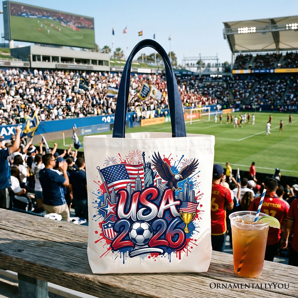 USA 2026 Soccer Cup Global Championship Tote Bag, Fans Football Gift Shopper Tote Bag OrnamentallyYou Navy Handle 
