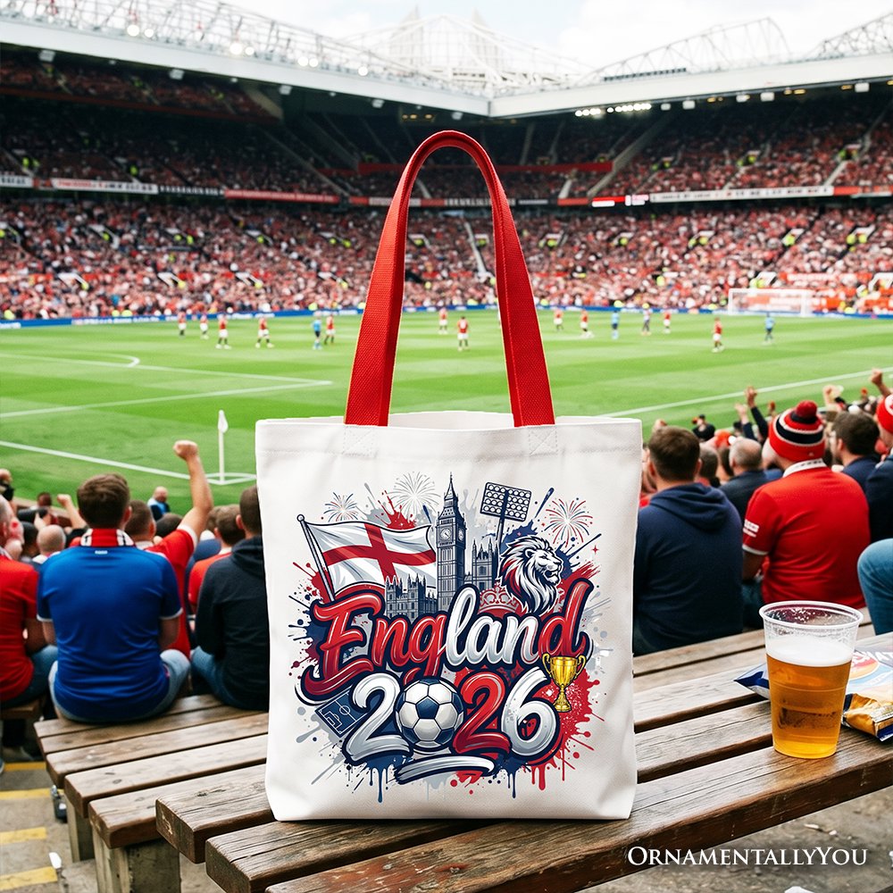 England 2026 Soccer Cup Global Championship Tote Bag, Fans Football Gift Shopper Tote Bag OrnamentallyYou Red Handle 