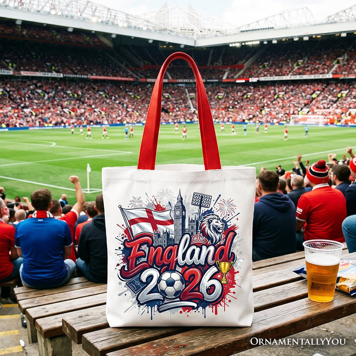 England 2026 Soccer Cup Global Championship Tote Bag, Fans Football Gift Shopper Tote Bag OrnamentallyYou Red Handle 