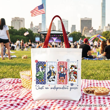 Just An Independent Goose Patriotic Tote Bag, Funny 4th of July Gift Shopper Tote Bag OrnamentallyYou Red Handle 