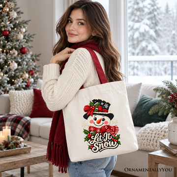Let It Snow Faux Cross Stitch Snowman Christmas Tote Bag, Winter Holiday Gift Shopper