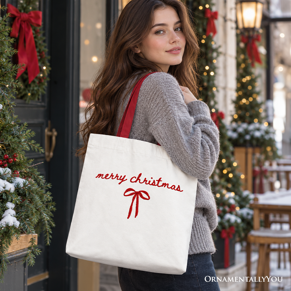Merry Christmas Bow Tote Bag, Minimalist Coquette Holiday Gift Shopper