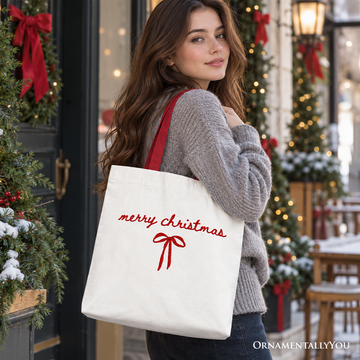 Merry Christmas Bow Tote Bag, Minimalist Coquette Holiday Gift Shopper