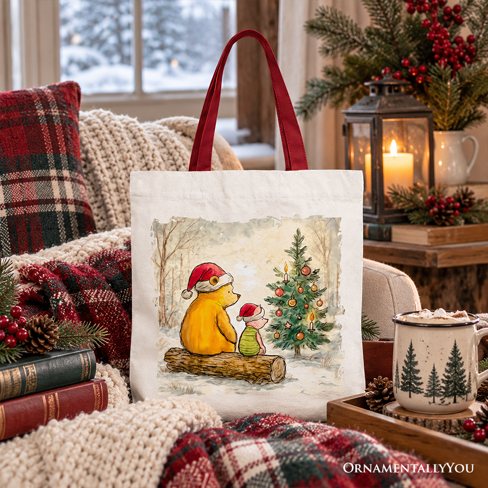 Winnie-the-Pooh Christmas With Friends Tote Bag, 1926 A.A. Milne Cozy Heartwarming Holiday Gift Shopper