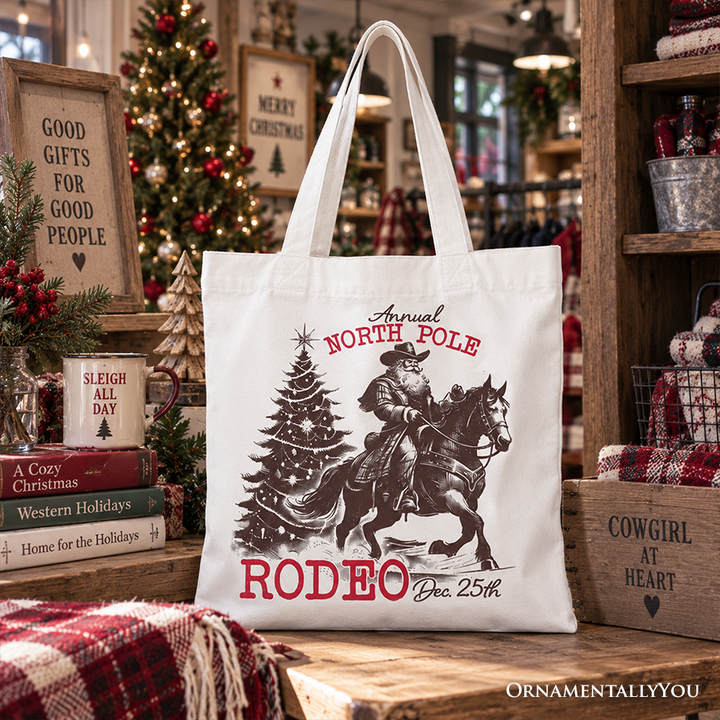 Annual North Pole Rodeo Tote Bag, Funny Cowboy Santa Christmas Gift Shopper for Country Lovers