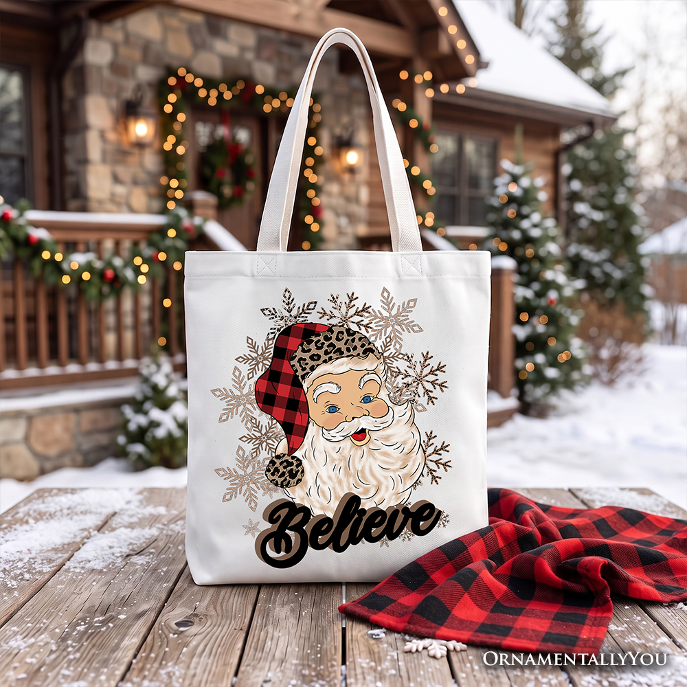 Believe Santa Buffalo Plaid Tote Bag, Retro Christmas Gift Shopper