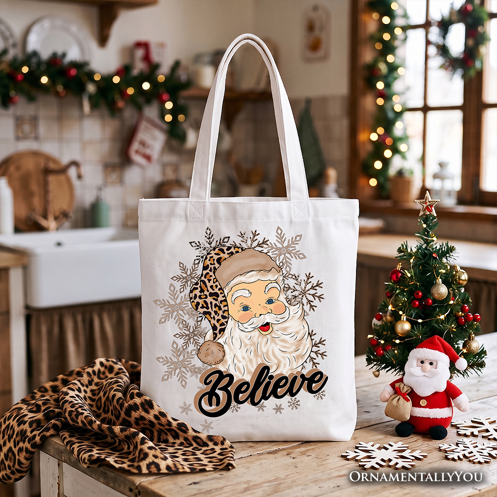 Believe Santa Cheetah Leopard Tote Bag, Retro Christmas Gift Shopper