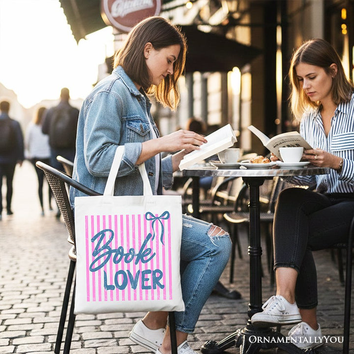 Book Lover Striped Reader Tote Bag, Coquette Bookworm Gift Shopper Tote Bag OrnamentallyYou 