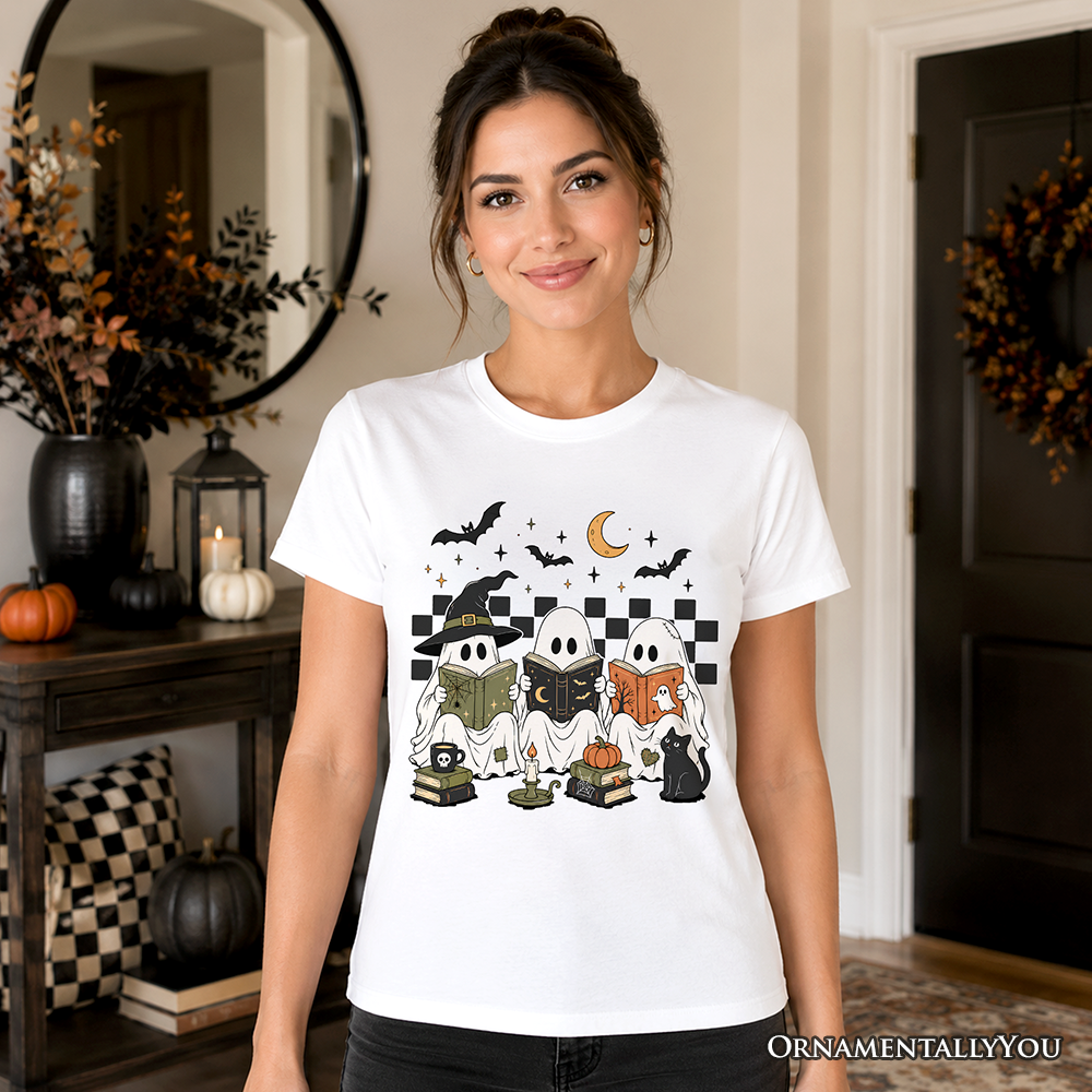 Bookish Ghosts Reading T-Shirt, Checkered Halloween Witch Cat Tee