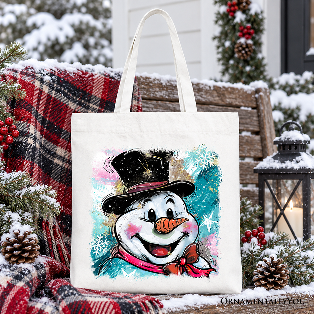 Brushstroke Cute Snowman Tote Bag, Preppy Merry Christmas Glitter Holiday Gift Shopper
