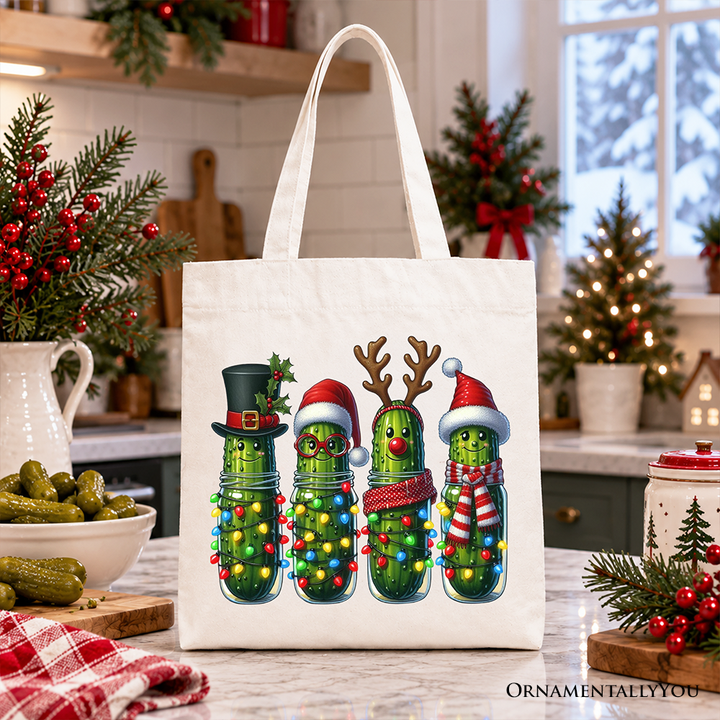 Christmas Pickles Tote Bag, Festive Holiday Cucumber Holiday Gift Shopper