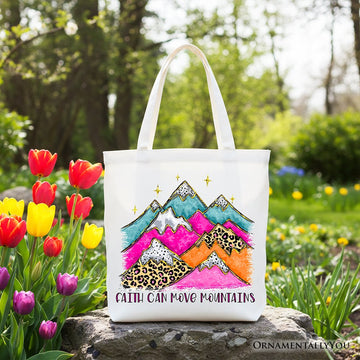 Faith Can Move Mountains Christian Tote Bag, Leopard Inspirational Gift Shopper Tote Bag OrnamentallyYou White 
