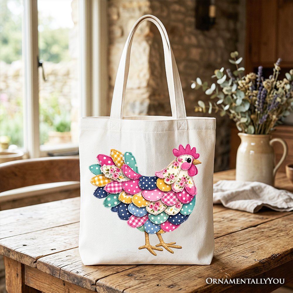 Floral Chicken Printed Faux Patchwork Tote Bag, Coquette Hen Farmhouse Gift Shopper Tote Bag OrnamentallyYou White 