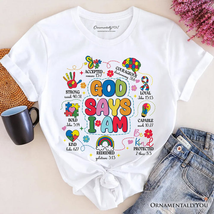 God Says I Am Christian Autism T-Shirt, Motivational Awareness Tee T-Shirts OrnamentallyYou White XS 
