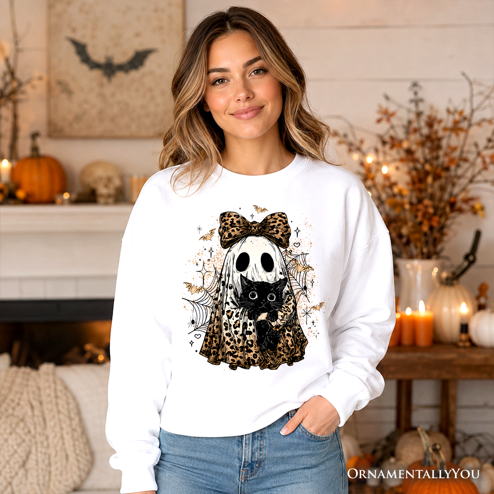 Leopard Bow Ghost with Black Cat Sweatshirt, Spooky Halloween Spider Web Sweater