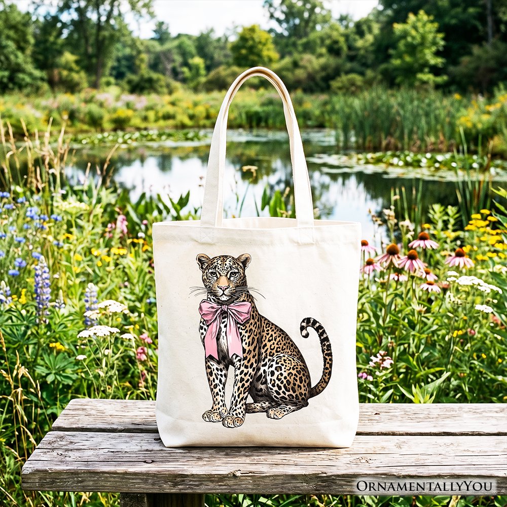 Leopard With Coquette Bow Tote Bag, Animal Trendy Preppy Gift Shopper Tote Bag OrnamentallyYou White 