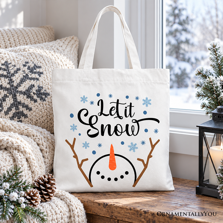 Let It Snow Snowman Tote Bag, Snowflakes Minimalist Gift Shopper for Winter Holiday Season