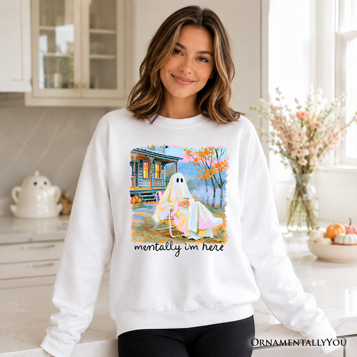 Mentally I'm Here Ghost Sweatshirt, Cozy Fall Halloween Cabin Sweater