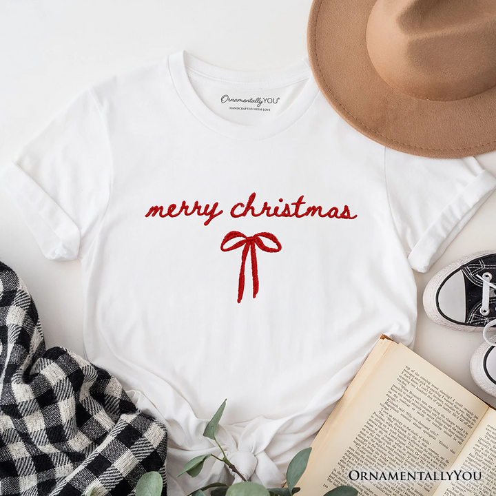 Merry Christmas Bow T-Shirt, Minimalist Coquette Holiday Tee