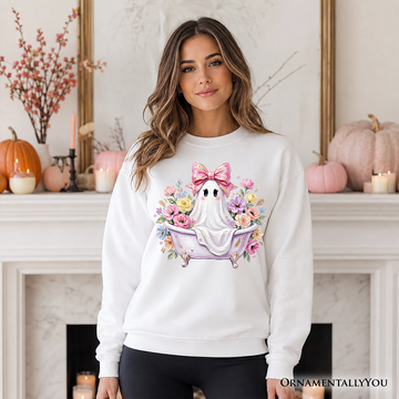 Pink Bow Bathtub Ghost Sweatshirt, Floral Coquette Halloween Sweater