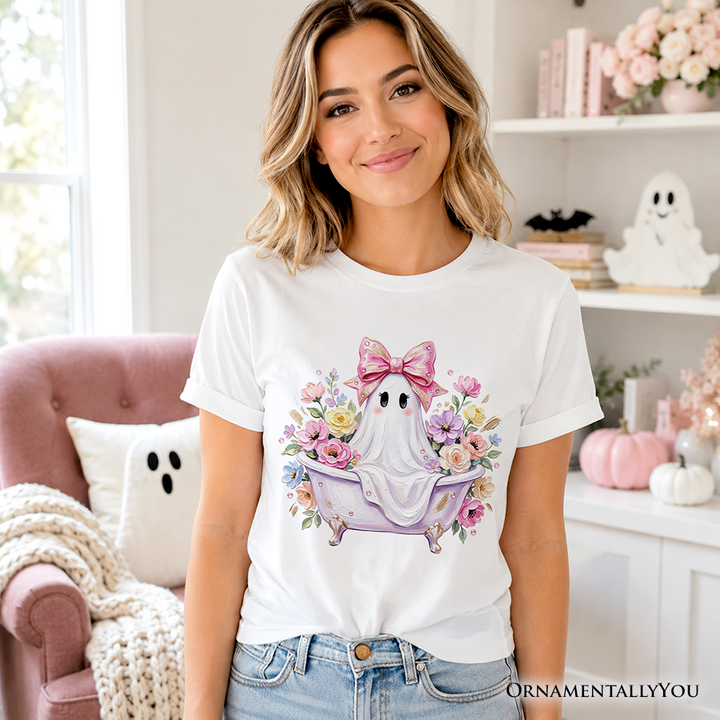 Pink Bow Bathtub Ghost T-Shirt, Floral Coquette Halloween Tee