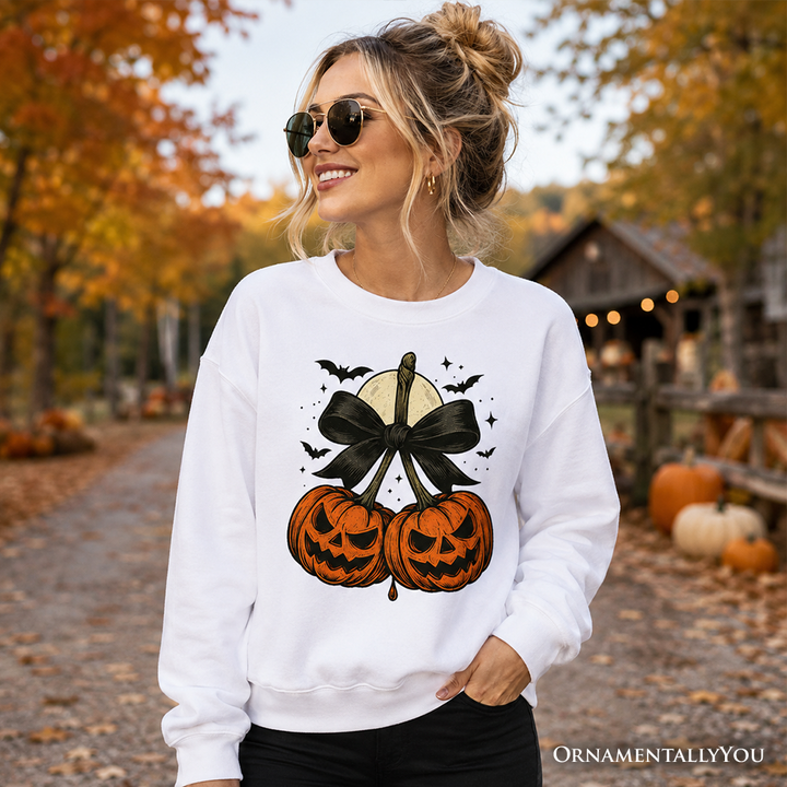 Pumpkin Cherries Coquette Bow Sweatshirt, Retro Halloween Fall Season Sweater for Sweet Autumn Girls
