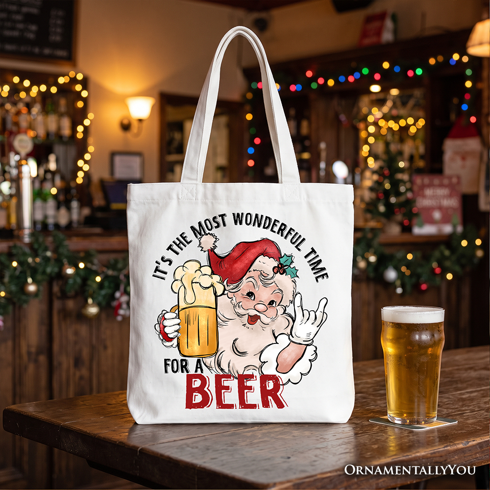 Santa Beer Christmas Tote Bag, It’s The Most Wonderful Time Funny Holiday Gift Shopper for Festive Drinkers