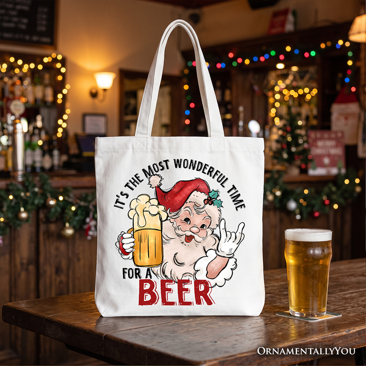 Santa Beer Christmas Tote Bag, It’s The Most Wonderful Time Funny Holiday Gift Shopper for Festive Drinkers