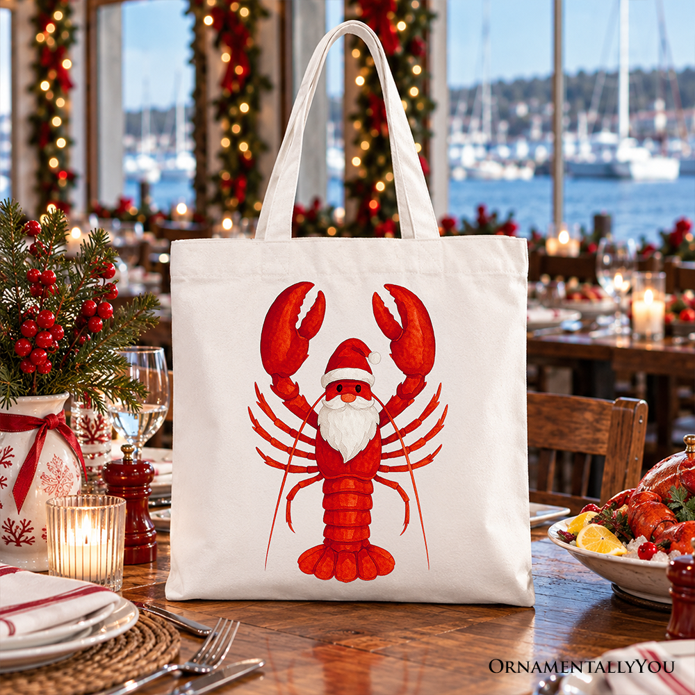 Santa Claws Lobster Tote Bag, Funny Pun Coastal Christmas Holiday Gift Shopper