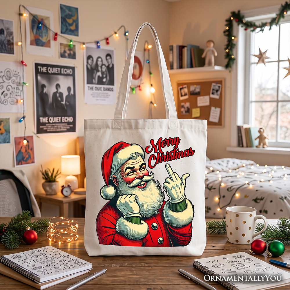 Santa Middle Finger Christmas Tote Bag, Vintage Funny Gift Shopper for Naughty Holiday Humor