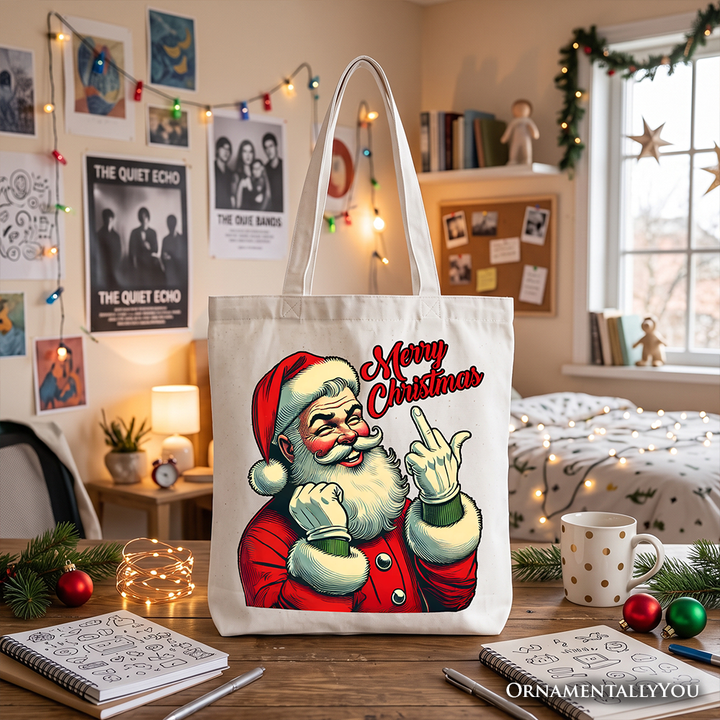 Santa Middle Finger Christmas Tote Bag, Vintage Funny Gift Shopper for Naughty Holiday Humor