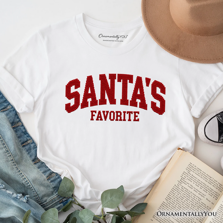 Santa’s Favorite Faux Cross Stitch Christmas T-Shirt, Winter Holiday Tee