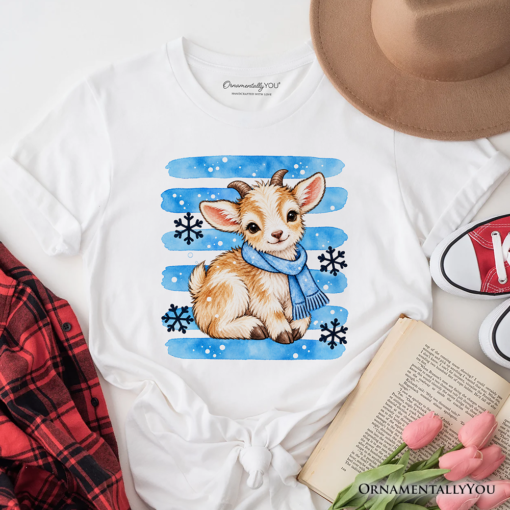 Snowflake Goat Christmas T-Shirt, Cute Winter Scarf Farm Animal Tee