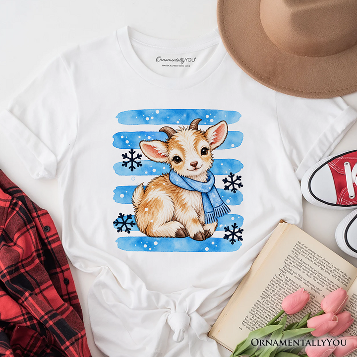 Snowflake Goat Christmas T-Shirt, Cute Winter Scarf Farm Animal Tee