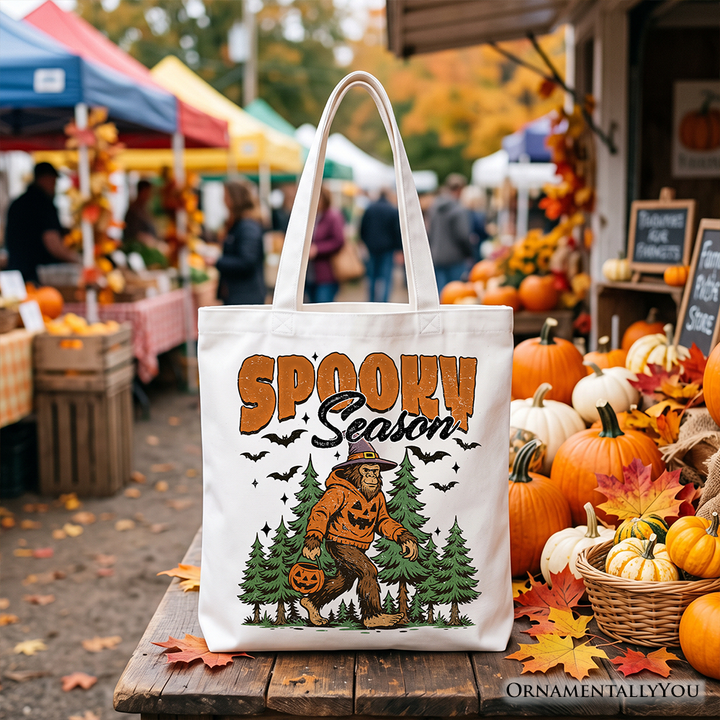 Spooky Season Bigfoot Tote Bag, Halloween Sasquatch Pumpkin Gift Shopper