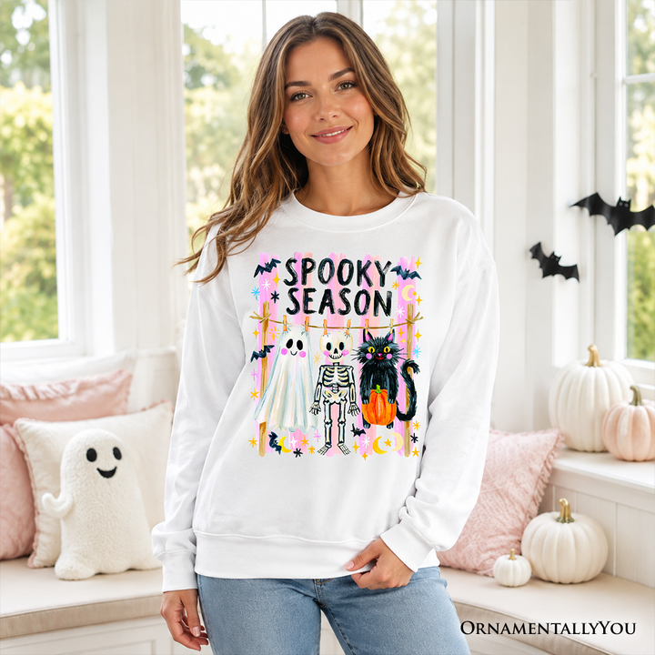 Spooky Season Ghost Skeleton Cat Sweatshirt, Colorful Halloween Costume Sweater