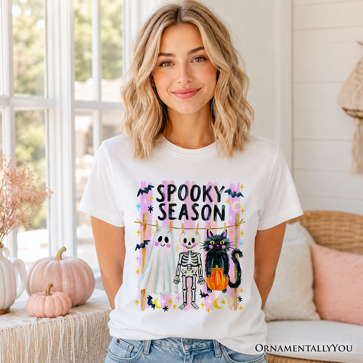 Spooky Season Ghost Skeleton Cat T-Shirt, Colorful Halloween Costume Tee