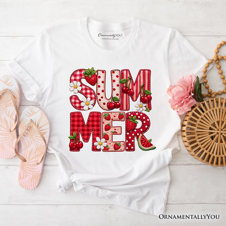 Strawberry Cherry Printed Faux Patchwork T-Shirt, Summer Fruit Picnic Tee
