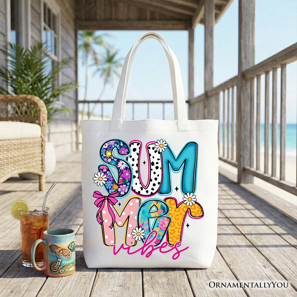Summer Vibes Retro Floral Tote Bag, Coastal Beach Gift Shopper Tote Bag OrnamentallyYou White 