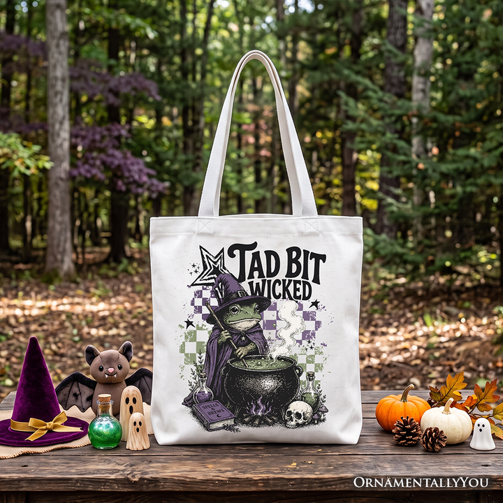 Tad Bit Wicked Frog Witch Tote Bag, Spooky Halloween Cauldron Gift Shopper