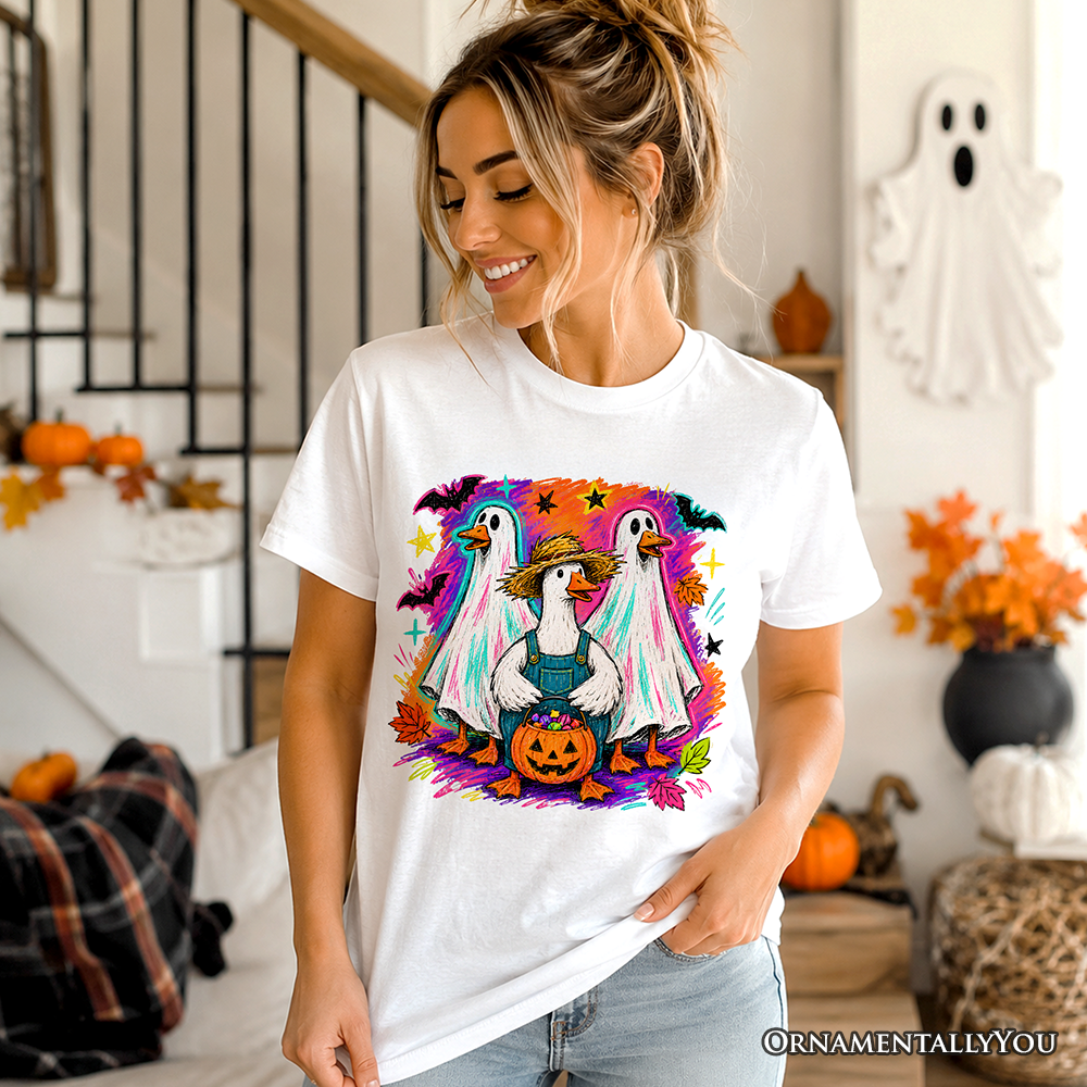 Trick or Treat Geese T-Shirt, Colorful Halloween Ghost Costume Tee