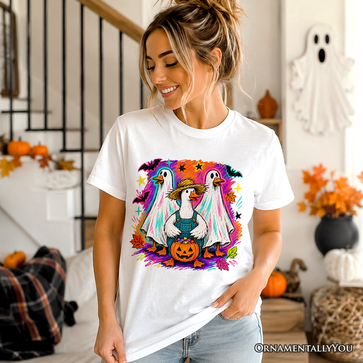 Trick or Treat Geese T-Shirt, Colorful Halloween Ghost Costume Tee