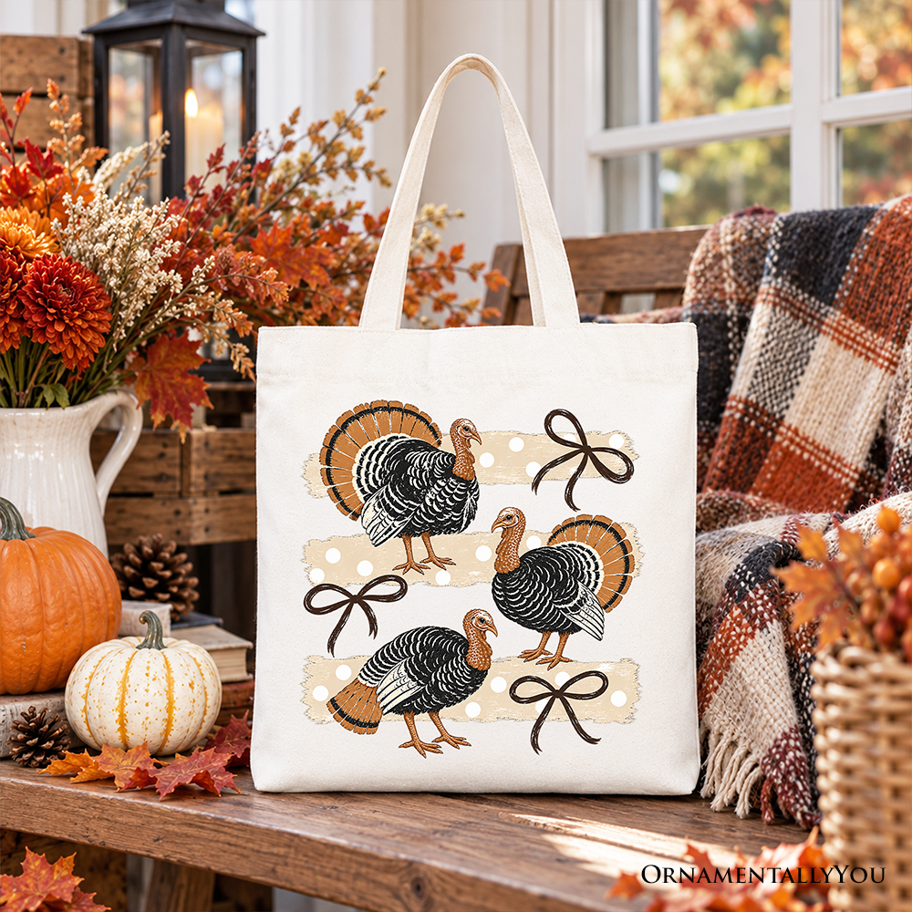 Turkey Bow Thanksgiving Tote Bag, Coquette Fall Gift Shopper
