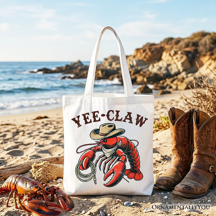 Yee Claw Lobster Western Tote Bag, Funny Cowboy Animal Gift Shopper Tote Bag OrnamentallyYou White 