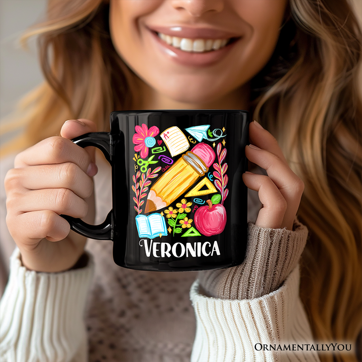 Floral Teacher Pencil Personalized Mug, Colorful Back to School Gift with Custom Name