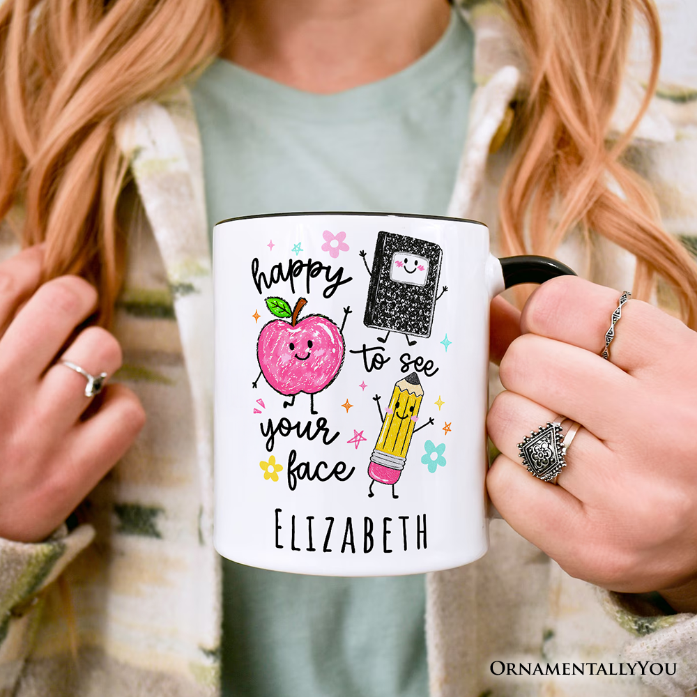Happy to See Your Face Personalized Mug, Cute Back to School Teachers Gift with Custom Name