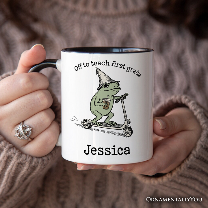 Off to Teach First Grade Frog Personalized Mug, Funny Teachers Gift with Custom Name
