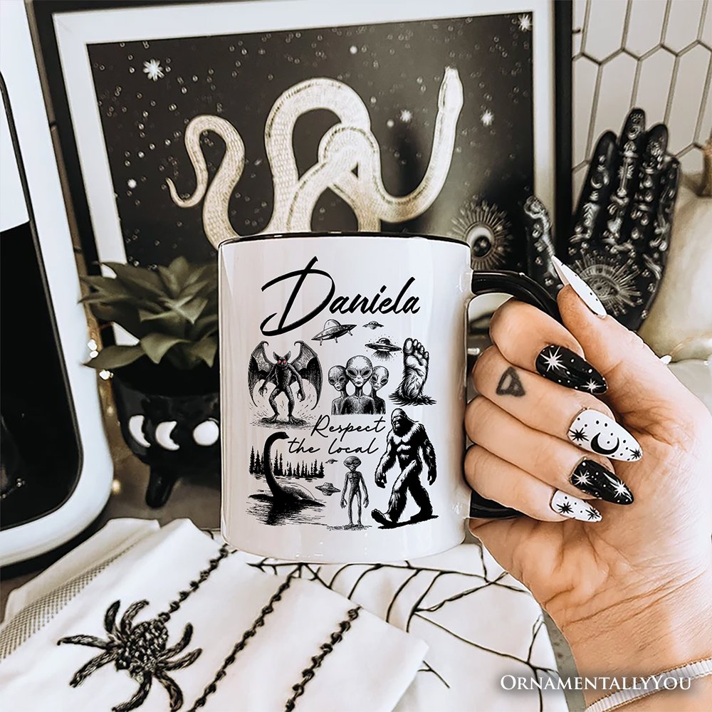 Respect The Local Cryptid Squad Personalized Mug, Funny Bigfoot Alien Mothman Meme Gift with Custom Name Personalized Ceramic Mug OrnamentallyYou 