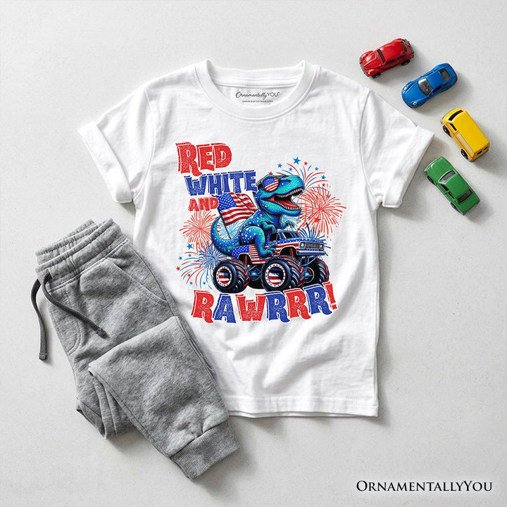Kids Patriotic Dinosaur Monster Truck T-Shirt, Red White and Rawrr 4th of July Youth Tee Kid's T-Shirts OrnamentallyYou White XS 